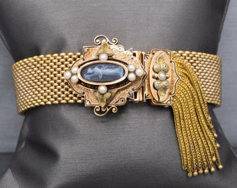 Antique Victorian Onyx Cameo and Pearl Mesh Enamel Slide Fringe Bracelet in 14k Yellow Gold