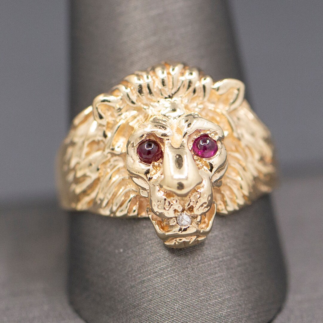 Men's Vintage Heavy 14k Gold .17ctw Ruby Diamond Eyes Textured 3D Lion Head  Ring | eBay