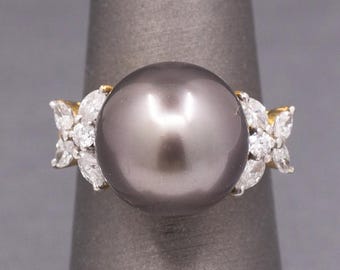 Black Tahitian Pearl and Marquise Diamond Cocktail Ring in 14k Yellow Gold