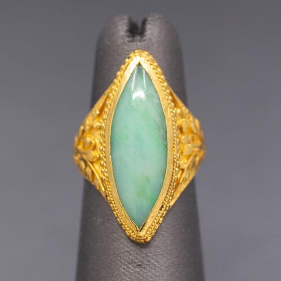Vintage Marquise Jadeite Jade Bezel Set Engraved Ring in 22k Yellow Gold