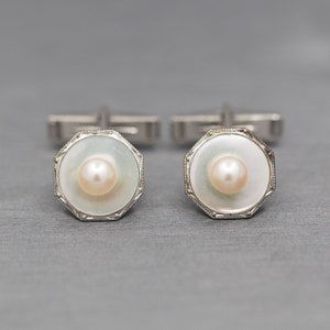 Vintage Sterling Silver and Pearl Cufflinks, Vintage Cuff Links with Pearls and Mother of Pearl in Sterling Silver, Mid Century Engraved image 1