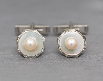 Vintage Sterling Silver and Pearl Cufflinks, Vintage Cuff Links with Pearls and Mother of Pearl in Sterling Silver, Mid Century Engraved