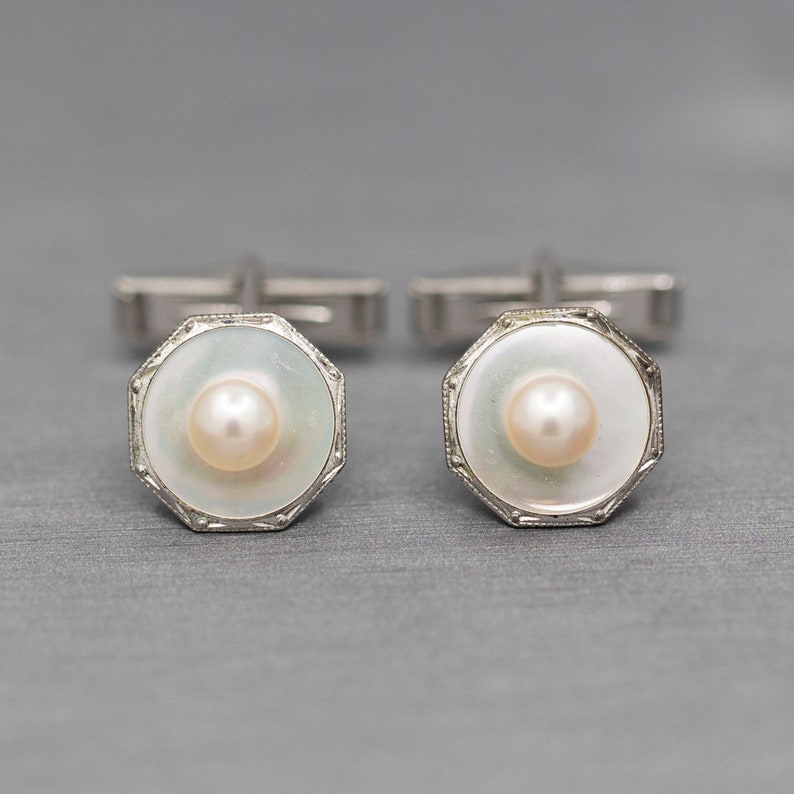 Vintage Sterling Silver and Pearl Cufflinks, Vintage Cuff Links with Pearls and Mother of Pearl in Sterling Silver, Mid Century Engraved image 1