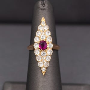 GIA Certified Ruby and Old European Cut Diamond Navette Ring in 14k Yellow Gold