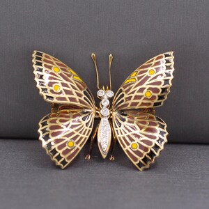 Exquisite Vintage Plique a Jour and Diamond Butterfly Brooch Pin in 14k Yellow Gold