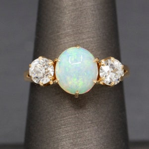 Antique Victorian Opal and Old European Cut Diamond Three Stone Ring in 14k Yellow Gold