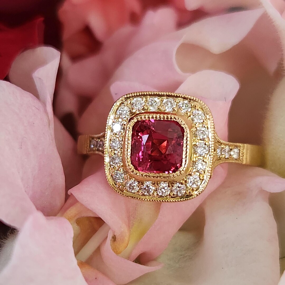 Handcrafted Vivid Pink Spinel and Diamond Ring in 18k Yellow Gold