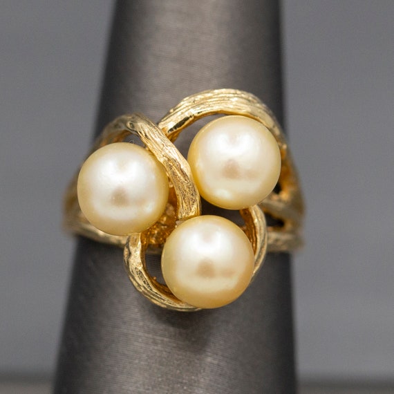 Triple Golden Pearl Textured Cocktail Ring in 14k… - image 6