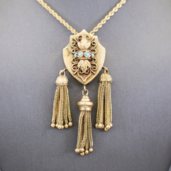 Victorian Solid 14k Turquoise Tassel Slide Pendant