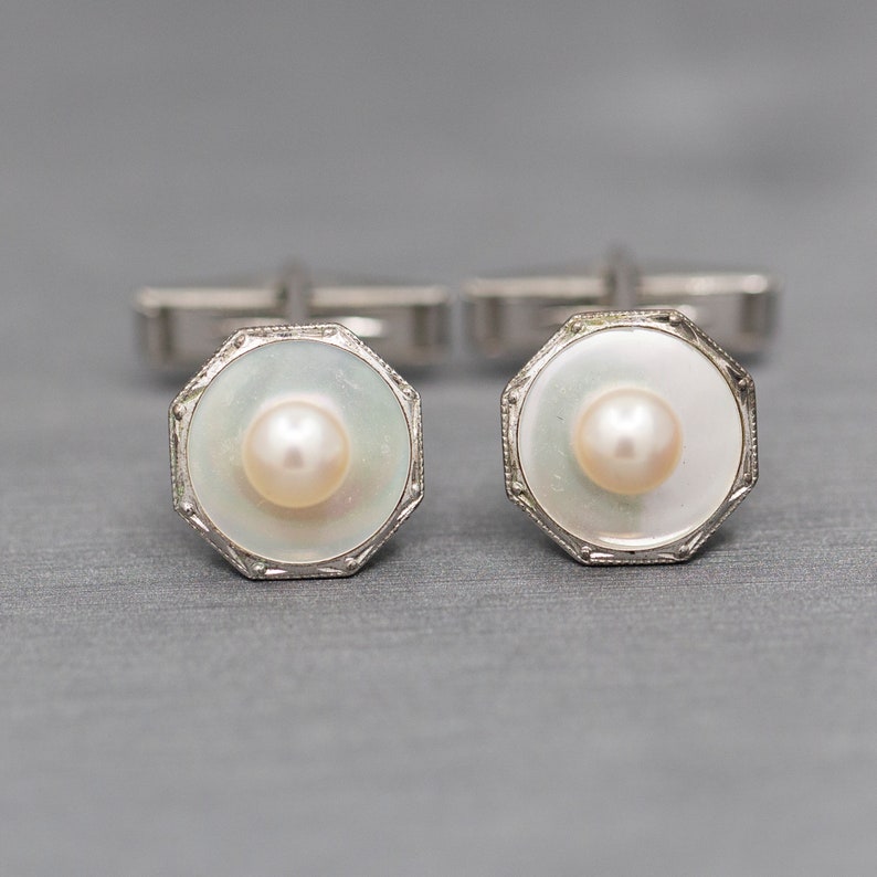 Vintage Sterling Silver and Pearl Cufflinks, Vintage Cuff Links with Pearls and Mother of Pearl in Sterling Silver, Mid Century Engraved image 4