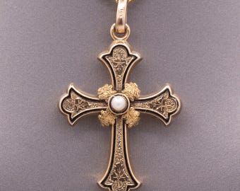 Antique Victorian Cross - Circa 1890s 14k Yellow Gold Seed Pearl