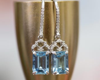 Absolutely Stunning Aquamarine and Diamond Dangle Earrings in 14k White Gold