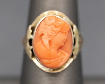 Antique Victorian Carved Coral Cameo Ring Bezel Set in 10k Yellow Gold