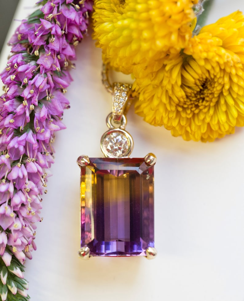 29.41ctw Emerald Cut Ametrine and Diamond 14k Yellow Gold Necklace