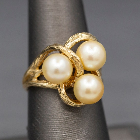 Triple Golden Pearl Textured Cocktail Ring in 14k… - image 2