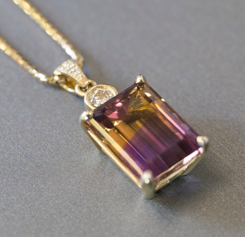 29.41ctw Emerald Cut Ametrine and Diamond 14k Yellow Gold Necklace