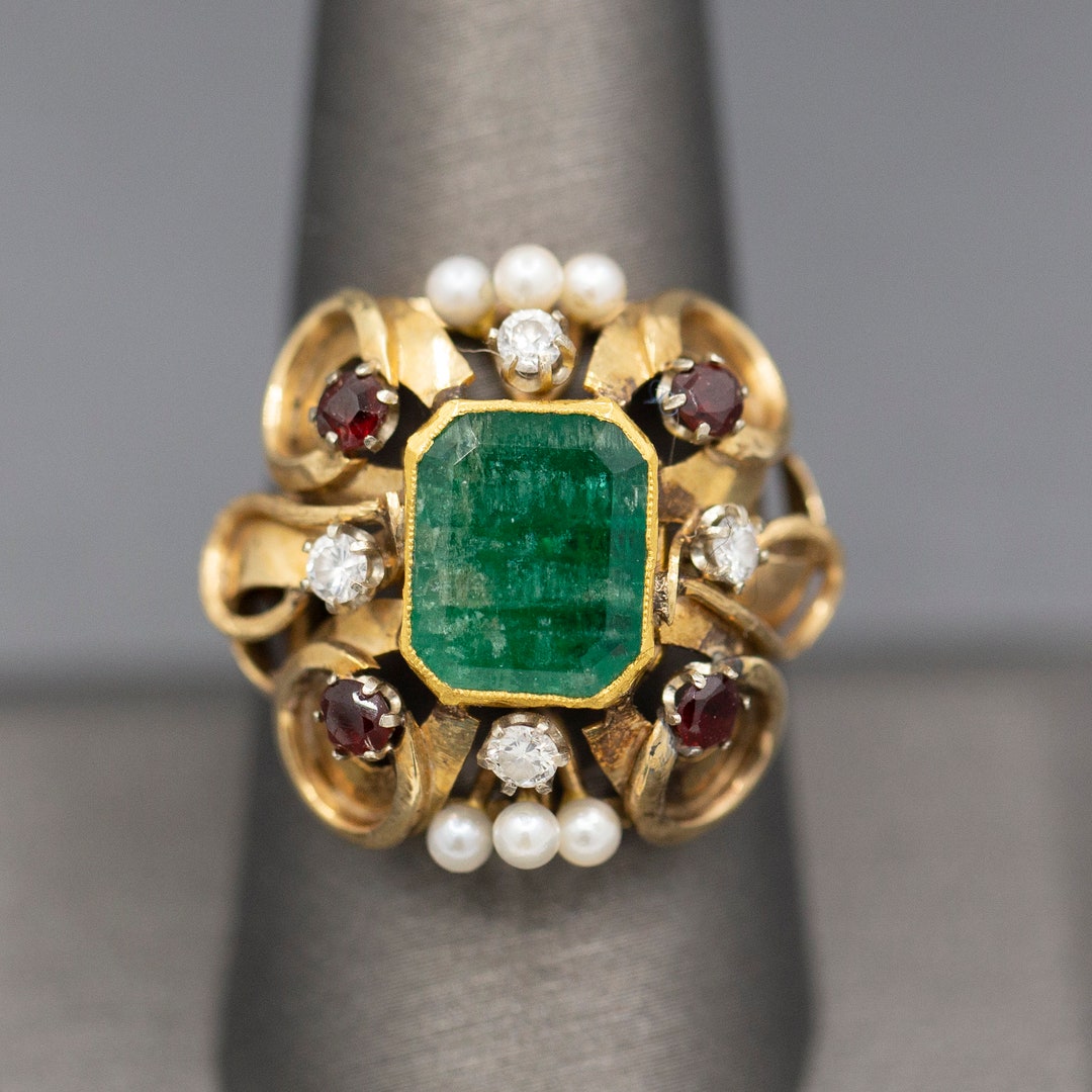 Renaissance Revival Emerald Garnet Diamond and Pearl Statement Ring in ...