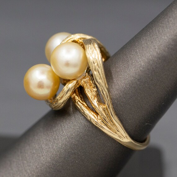 Triple Golden Pearl Textured Cocktail Ring in 14k… - image 10
