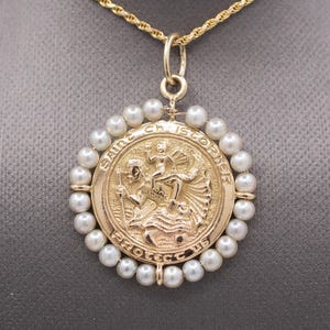 Perlenbesetzter St. Christopherus Medaillon Anhänger aus massivem 14k Gelbgold