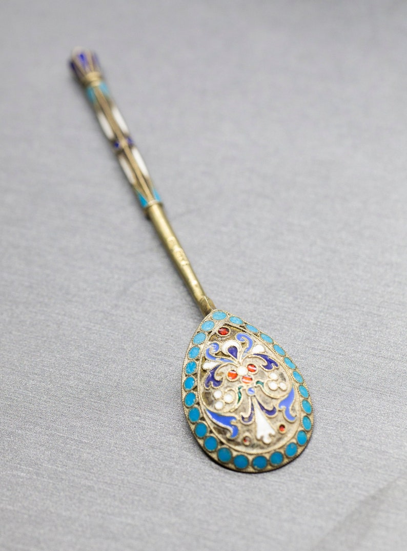 Demitasse Spoon Enameled Bowl Enamel Gilt Spoon Russian Enamel Gold Plated Spoon 84 zolotnic Russian Imperial Silver Cloissone/' Spoon