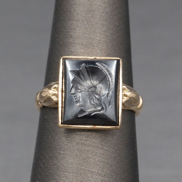 Victorian Hematite Intaglio of Roman Centurion Soldier Signet Style Ring in 14k Yellow Gold