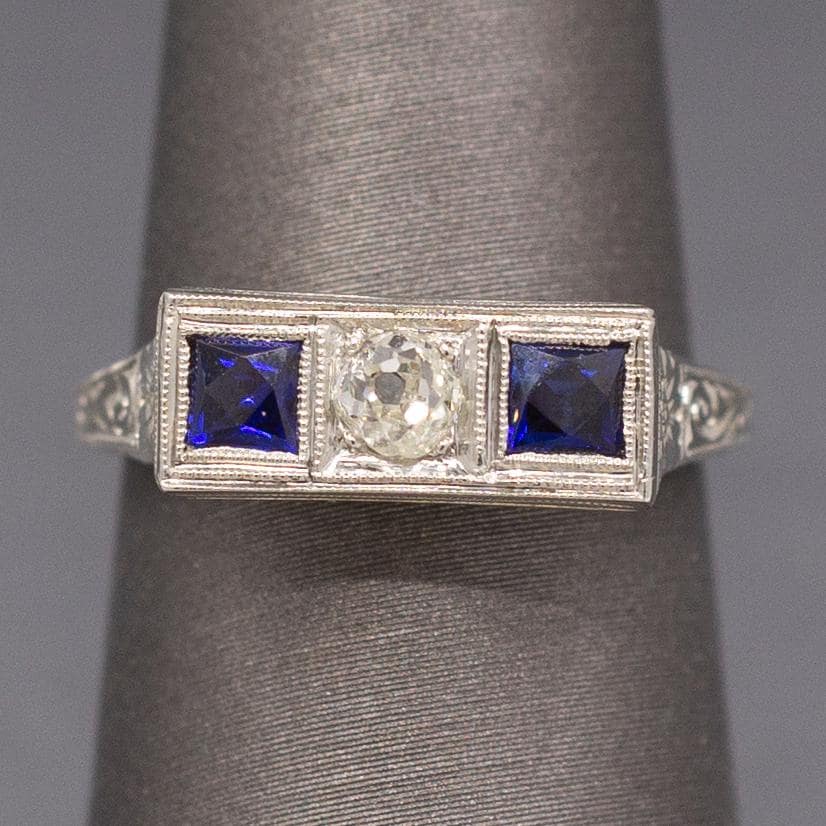 Art Deco Three Stone Old Mine Cut Diamond and Sapphire Ring in 18k White Gold