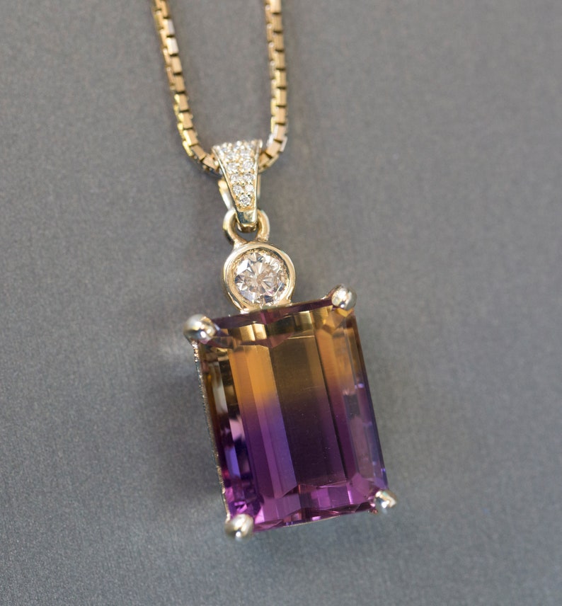 29.41ctw Emerald Cut Ametrine and Diamond 14k Yellow Gold Necklace