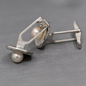 Vintage Sterling Silver and Pearl Cufflinks, Vintage Cuff Links with Pearls and Mother of Pearl in Sterling Silver, Mid Century Engraved image 5