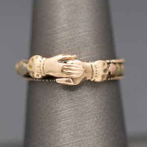 Antique Victorian Gimmel Fede Wedding Betrothal Ring in 14k Rose and Yellow Gold Size 7