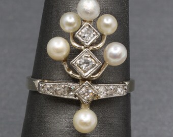 Antique Edwardian Pearl and Diamond Tiara Ring in Platinum and 14k White Gold