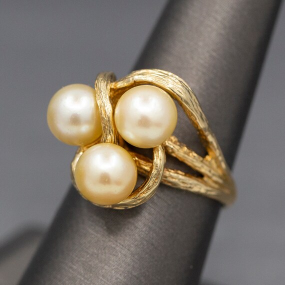 Triple Golden Pearl Textured Cocktail Ring in 14k… - image 8