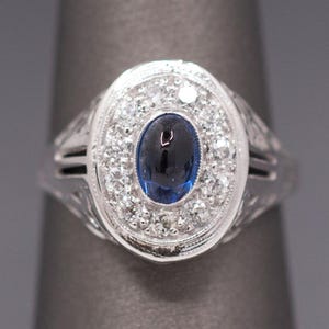 Vintage Sapphire Cabochon and Old Cut Diamond Halo Ring in 14k White Gold
