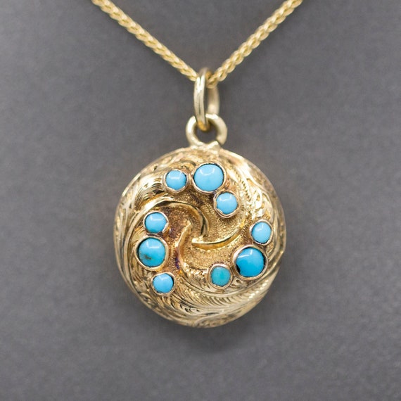 Antique Victorian Turquoise Round Locket with Gla… - image 5