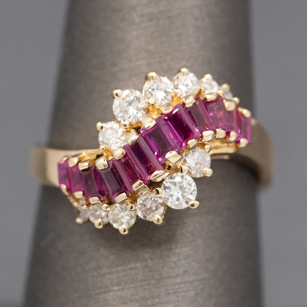 Baguette Cut Ruby and Diamond Wave Cocktail Ring in 14k Yellow Gold