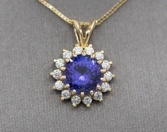 Lush Vivid Natural Tanzanite and Diamond Pendant Necklace in 14k Yellow Gold