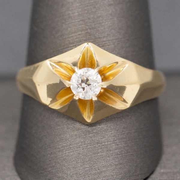 Lovely Antique Victorian Old European Cut Diamond Belcher Set Engagement Ring in 14k Yellow Gold