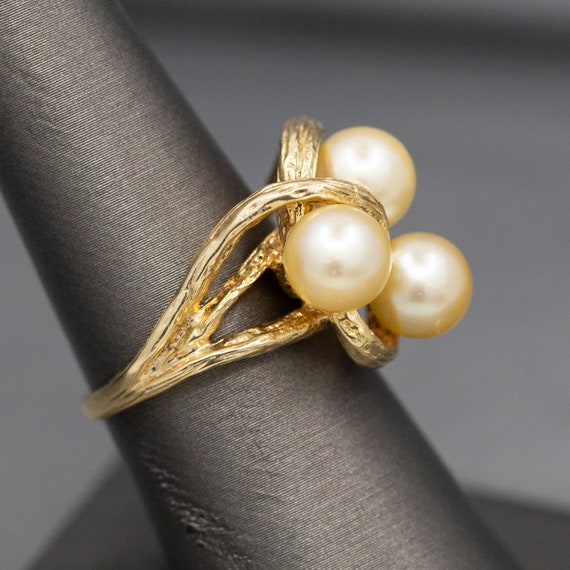 Triple Golden Pearl Textured Cocktail Ring in 14k… - image 5