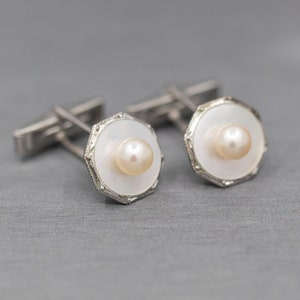 Vintage Sterling Silver and Pearl Cufflinks, Vintage Cuff Links with Pearls and Mother of Pearl in Sterling Silver, Mid Century Engraved image 2