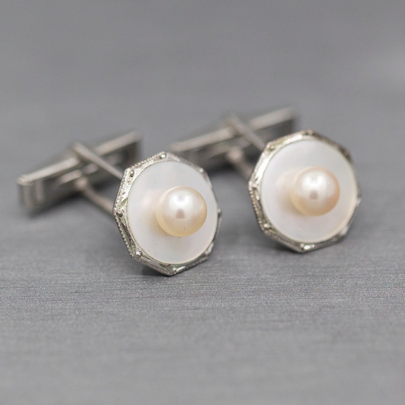 Vintage Sterling Silver and Pearl Cufflinks, Vintage Cuff Links with Pearls and Mother of Pearl in Sterling Silver, Mid Century Engraved image 2