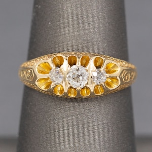 Antique Victorian Old Mine Cut Diamond Three Stone Belcher Set Ring in 18k Yellow Gold