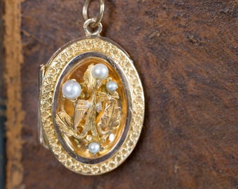 Antieke Victoriaanse Italiaanse vogel en parel medaillon hanger 14k, geel goud en parel medaillon, Victoriaanse parel medaillon, Victoriaanse vogel medaillon 14k