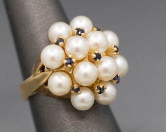 Bold Sapphire and Akoya Pearl Cocktail Ring in 14k Yellow Gold