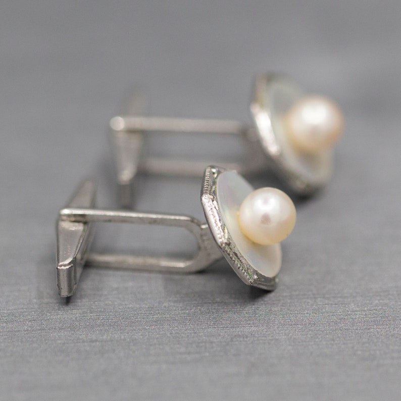 Vintage Sterling Silver and Pearl Cufflinks, Vintage Cuff Links with Pearls and Mother of Pearl in Sterling Silver, Mid Century Engraved image 3