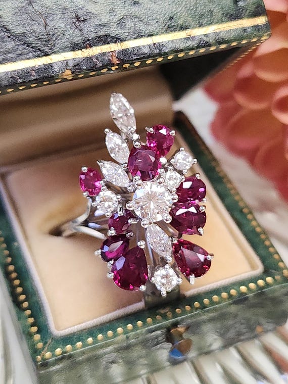 Incredible Ruby and Diamond Cluster Statement Rin… - image 1