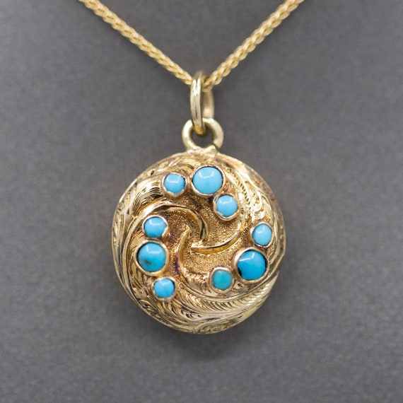 Antique Victorian Turquoise Round Locket with Gla… - image 1