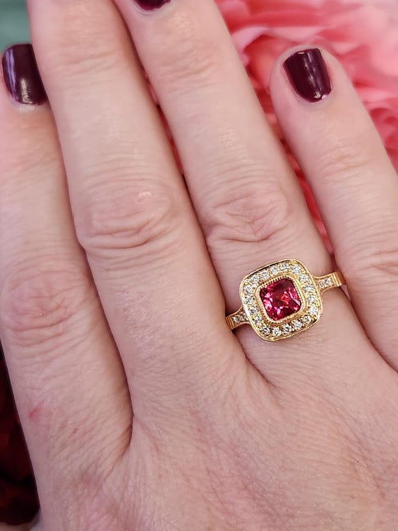 Handcrafted Vivid Pink Spinel and Diamond Ring in 18k Yellow Gold