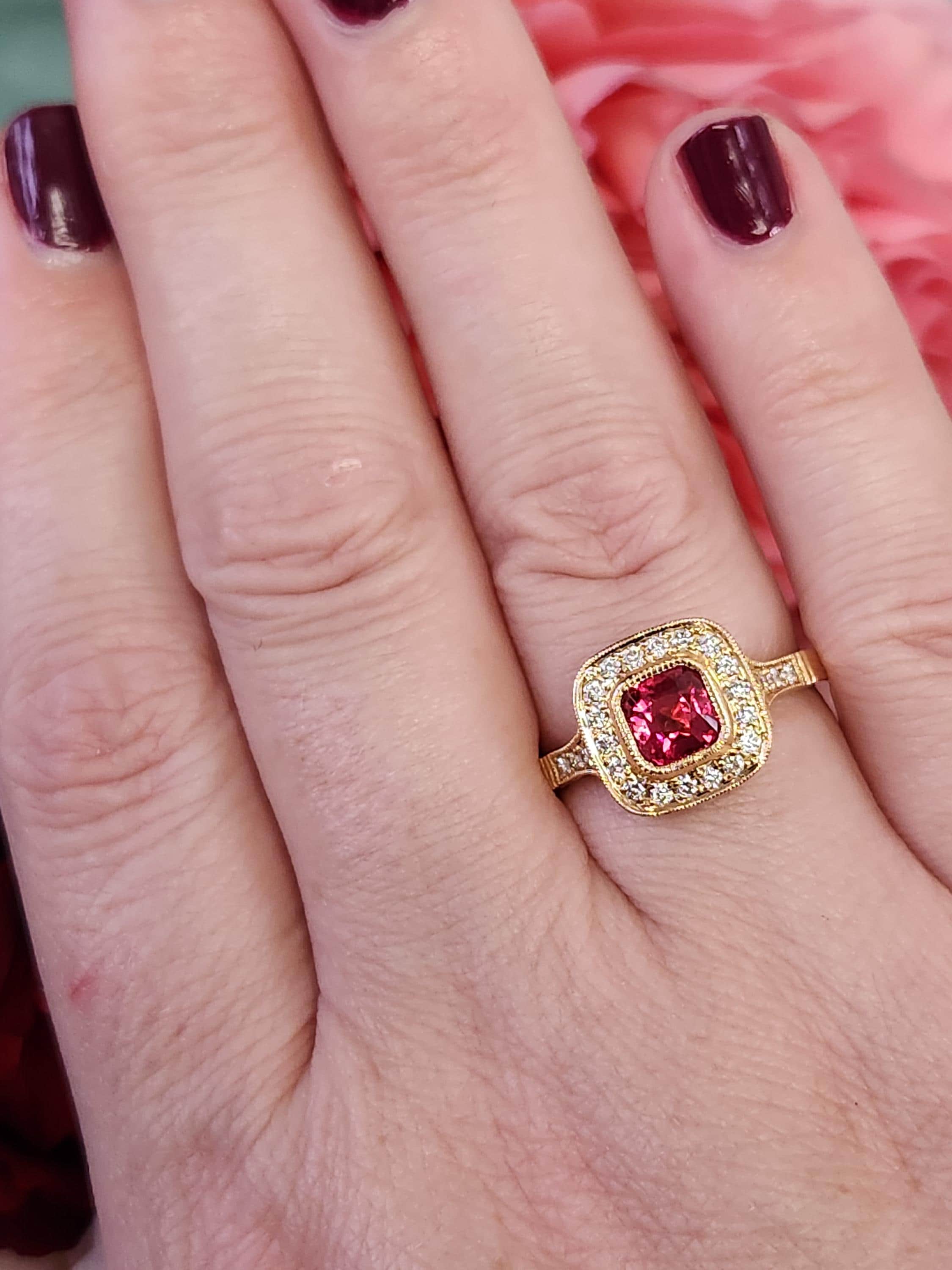 Handcrafted Vivid Pink Spinel and Diamond Ring in 18k Yellow Gold