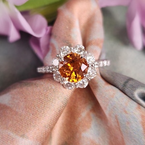 Fanta Orange Spessartite Garnet and Diamond Ring in 14k White Gold