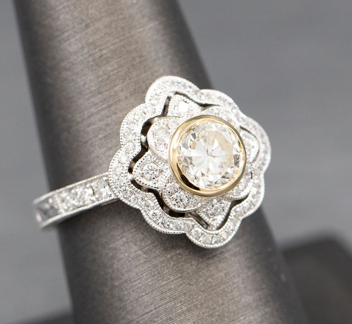 Vintage Style Bezel Set Diamond Engagement Ring with Engraved | Etsy