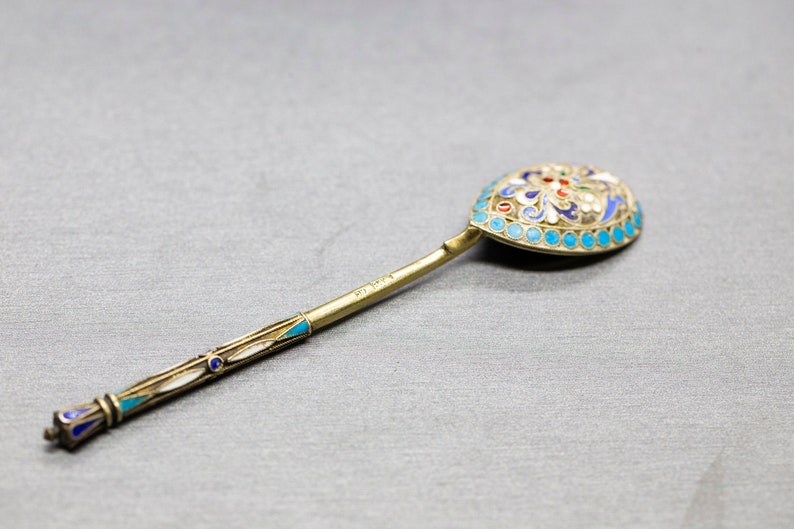 Demitasse Spoon Enameled Bowl Enamel Gilt Spoon Russian Enamel Gold Plated Spoon 84 zolotnic Russian Imperial Silver Cloissone/' Spoon